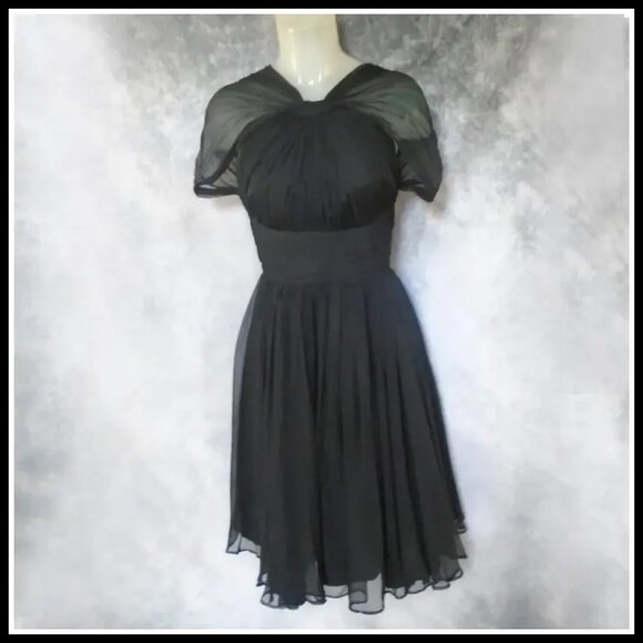 Vintage Black Formal Fit Flare Cocktail Dress, 50s New Look Chiffon Halter - Picture 6 of 15
